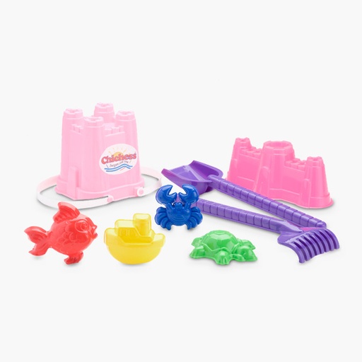 [989] 428 Chichess Balde castillo, pala y rastrillo Gr, 4 moldes, castillo