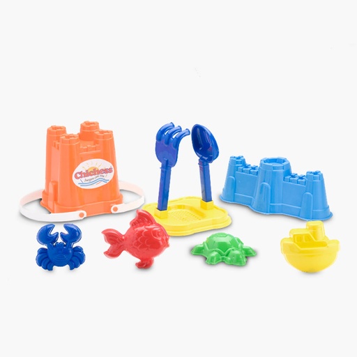 [988] 430 Chichess Balde castillo, cernidor, pala y rastrillo Ch, 4 Moldes, castillo